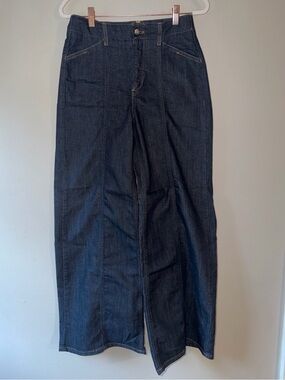 Dark Wash High Rise Wide Leg Utility Jeans Contrast Stitching